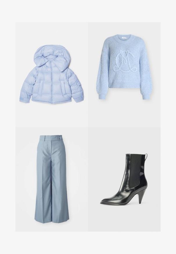 Lys blå pufferjakke med en stor hætte, lynlås og quiltet design. Har to frontlommer og elastiske manchetter for en tætsiddende pasform.; Lyseblå strikket sweater med tekstureret stof, ballonærmer og et prægede "L"-design i midten.; Lyseblå vidde bukser lavet af glat stof med høj talje, to forreste knapper og pressefure for et skræddersyet look.; Sort, blanklæder ankelstøvle med spids tå, elastisk sidepanel, pull-tab bagpå og en mid-højde konisk hæl.