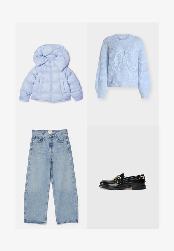Chaqueta de plumas azul claro con una gran capucha, cierre de cremallera y diseño acolchado. Cuenta con dos bolsillos frontales y puños elásticos para un ajuste ceñido.; Suéter azul claro tejido con tela texturizada, mangas abullonadas y un diseño en relieve de una "L" en el centro.; Agolde Vaqueros baggy - light-blue denim; Mocasines de cuero negro con un acabado brillante, que presentan dos hebillas doradas y un tacón bajo. Textura suave con diseño de punta redonda.
