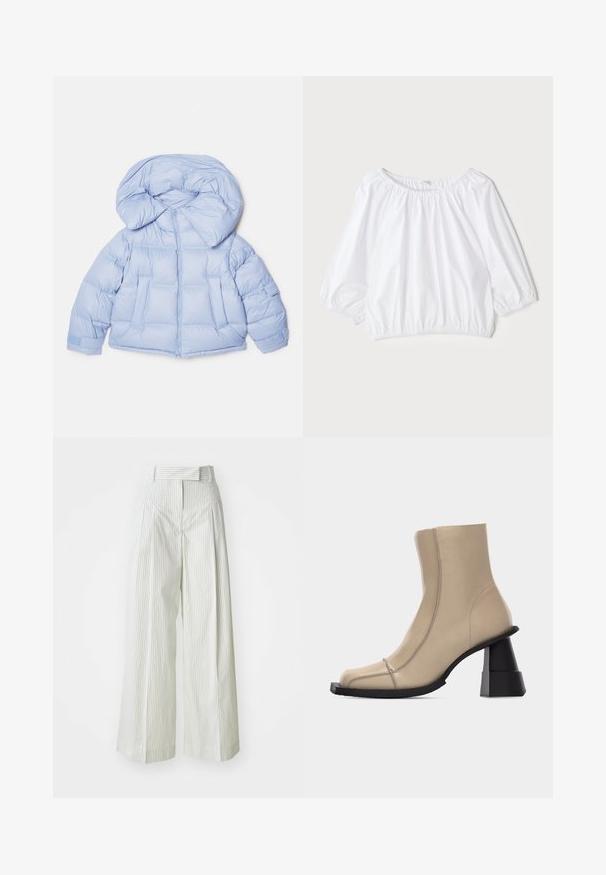 Doudoune bleu clair avec une grande capuche, fermeture éclair et design matelassé. Elle comporte deux poches avant et des poignets élastiques pour un ajustement confortable.; Blouse blanche légère avec un col rond, des manches bouffantes trois-quarts et une taille élastiquée, présentant une texture lisse et brillante.; Pantalons palazzo en vert clair avec des rayures blanches verticales. Dotés d'une taille haute, de passants de ceinture et d'une texture en coton douce.; Bottine beige en cuir avec bout carré, couture visible, et talon bloc noir sculpté et épais sur fond blanc.