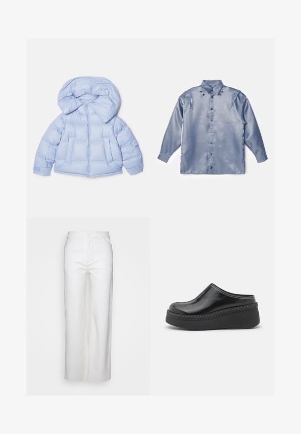 Helleblaue Steppjacke mit großer Kapuze, Reißverschluss und gesteppter Optik. Verfügt über zwei Fronttaschen und elastische Bündchen für eine bequeme Passform.; SIYA TREMBITA - Hemdbluse - silver grey; Weiße gerade Hosen mit Knopf- und Reißverschluss, Gürtelschlaufen und seitlichen Taschen, auf einem schlichten weißen Hintergrund präsentiert.; Schwarze, glänzende Plateauclogs mit runder Spitze, geschwungenem Oberteil und kontrastierendem weißen Stich entlang der Kante der Sohle.