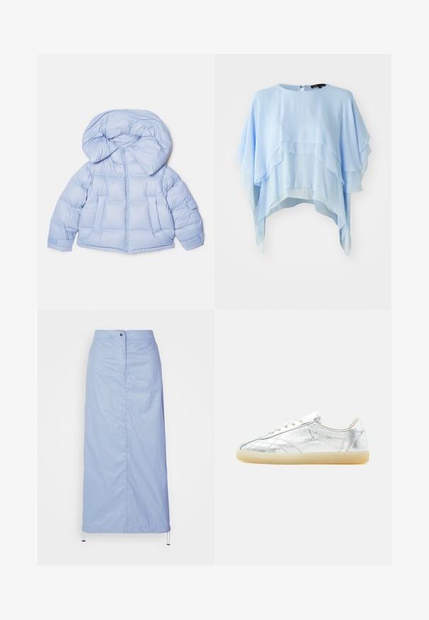 Lys blå pufferjakke med en stor hætte, lynlås og quiltet design. Har to frontlommer og elastiske manchetter for en tætsiddende pasform.; Lyseblå lagdelt bluse lavet af transparent stof. Har rund halsudskæring og flydende ærmer i varierende længder og blød tekstur.; Lyseblå, mellemlang nederdel lavet af glat, let materiale med lige snit, har en frontknaplukning og en justerbar kant.; Lavprofilsneaker med metallisk sølv tekstureret overdel, hvide snørebånd og semi-gennemsigtig beige gummisål, vist fra siden på hvid baggrund.