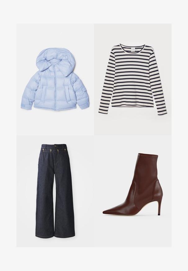 Helleblaue Steppjacke mit großer Kapuze, Reißverschluss und gesteppter Optik. Verfügt über zwei Fronttaschen und elastische Bündchen für eine bequeme Passform.; Langärmliges Shirt in Creme mit marineblauen horizontalen Streifen, featuring einem runden Halsausschnitt, gerippter Textur und lässiger Passform.; Weite Jeans aus dunklem Denim mit hoher Taille, doppelter Knopfverschluss und Kontrastnähten entlang der Nähte.; Dunkelbrauner Lederstiefelette mit spitzer Spitze und schlankem hohen Absatz vor einem schlichten hellen Hintergrund.