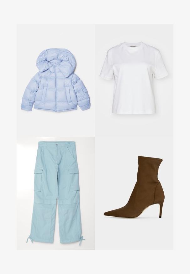 Helleblaue Steppjacke mit großer Kapuze, Reißverschluss und gesteppter Optik. Verfügt über zwei Fronttaschen und elastische Bündchen für eine bequeme Passform.; AllSaints LISA TEE - T-Shirt basic - white; Hellblaue Cargo-Hosen in lässigem Schnitt. Mit übergroßen seitlichen Taschen, verstellbaren Bündchen und einem Knopfverschluss an der Taille.; Brauner spitz zulaufender Stiefelette mit schlankem mittelhohem Absatz und glattem Stoffoberteil.
