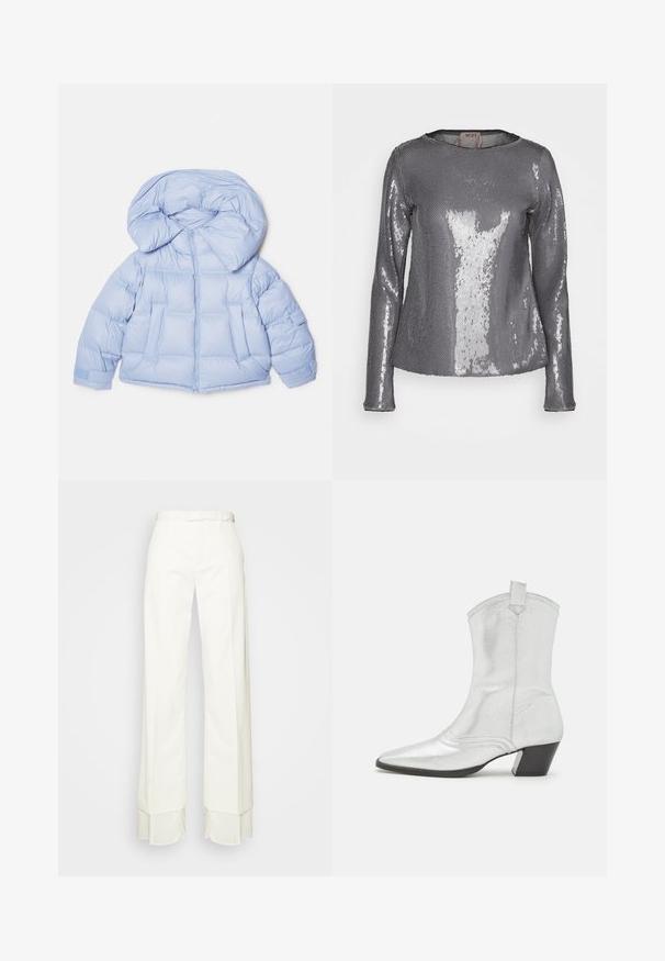 Doudoune bleu clair avec une grande capuche, fermeture éclair et design matelassé. Elle comporte deux poches avant et des poignets élastiques pour un ajustement confortable.; N°21 T-shirt à manches longues - grigio; MM6 Maison Margiela PANTS - Pantalon classique - off white; Castañer DIMBA - Bottines de cowboy / motard - plata