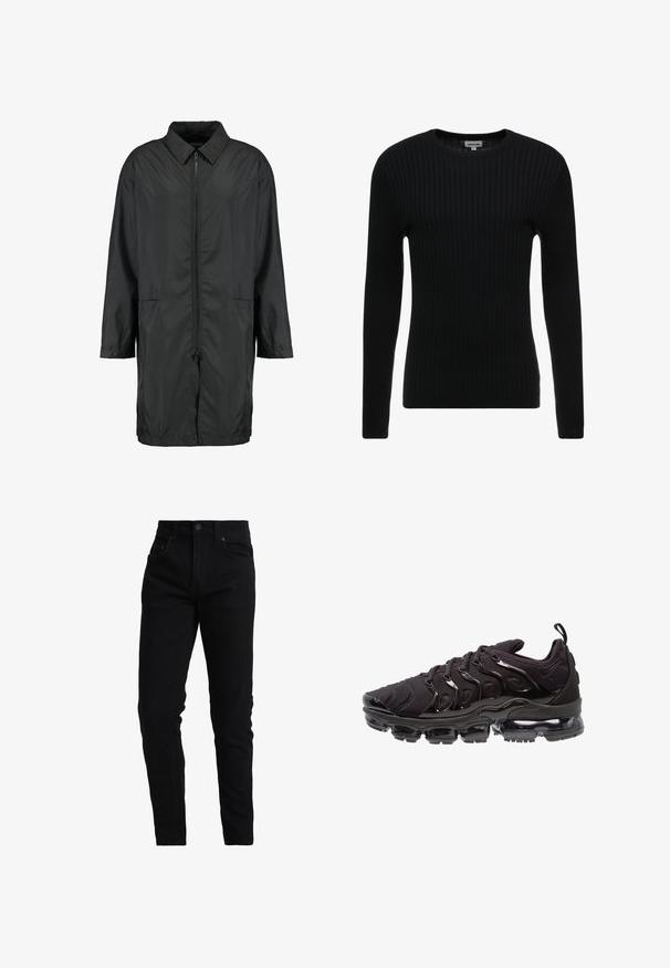 Schwarze Windjacke aus leichtem Material mit kragenfreiem Halsbereich, vollem Reißverschluss und zwei Fronttaschen; entspannte Passform, knielang.; Schwarzer gerippter Langarmpullover mit Rundhalsausschnitt; texturiertes Gewebe mit vertikalen Streifen; figurbetonte Silhouette; keine sichtbaren Verzierungen oder Akzente.; Schwarze Denim-Jeans im Slim-Fit-Schnitt mit mittelhoher Taille, Fünf-Taschen-Design und dezenten Nähdetails. Glattes, strukturiertes Material.; Schwarze Sportschuhe mit einem strukturierten Obermaterial aus Stoff, glänzenden Akzenten und einer ausgeprägten Luftpolstersohle. Verfügt über auffällige wellenartige Designelemente.