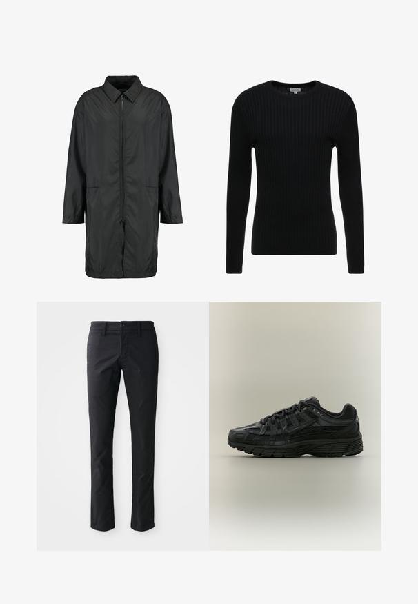 Schwarze Windjacke aus leichtem Material mit kragenfreiem Halsbereich, vollem Reißverschluss und zwei Fronttaschen; entspannte Passform, knielang.; Schwarzer gerippter Langarmpullover mit Rundhalsausschnitt; texturiertes Gewebe mit vertikalen Streifen; figurbetonte Silhouette; keine sichtbaren Verzierungen oder Akzente.; Schwarze gerade geschnittene Hose aus glattem Stoff mit einem einzelnen Knopfverschluss und Gürtelschlaufen. Minimalistisches Design ohne sichtbare Muster.; Schwarzer Nike Laufschuh mit Mesh- und synthetischem Obermaterial, Schnürverschluss und strukturierter Sohle, von der linken Seite vor neutralem Hintergrund gezeigt.