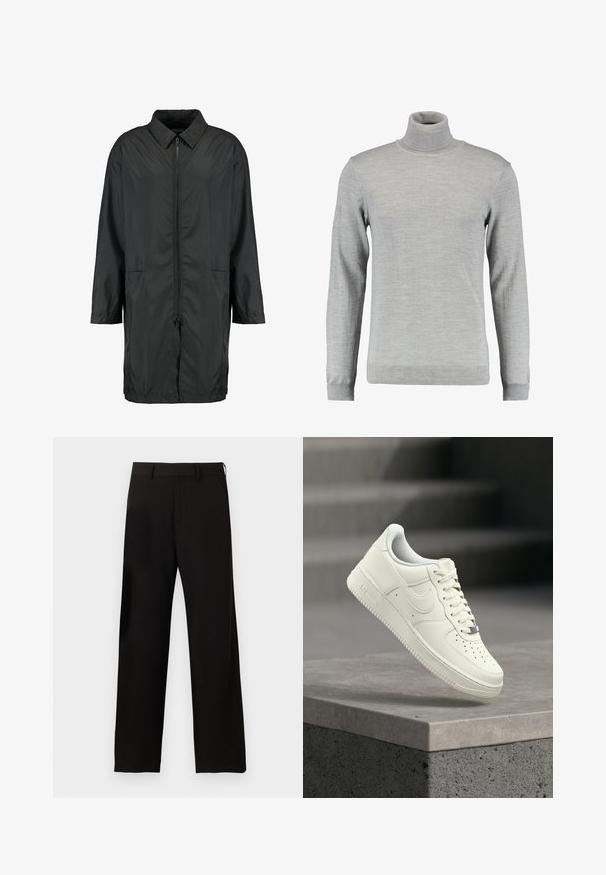 Schwarze Windjacke aus leichtem Material mit kragenfreiem Halsbereich, vollem Reißverschluss und zwei Fronttaschen; entspannte Passform, knielang.; Hellgrauer Rollkragenpullover aus weichem Stoff, mit langen Ärmeln, gerippten Bündchen und Kragen, glatt verarbeitet und im klassischen Schnitt.; Schwarze, gerade geschnittene Hose mit Gürtelschlaufen und seitlichen Taschen auf einfachem weißem Hintergrund.; Weißer Ledersneaker mit niedrigem Profil, strukturierter Oberfläche, Perforationen an der Spitze und silbernen Akzenten an den Schnürsenkeln und dem Branding.