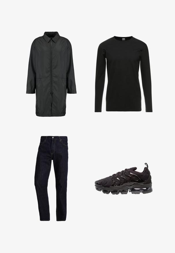 Schwarze Windjacke aus leichtem Material mit kragenfreiem Halsbereich, vollem Reißverschluss und zwei Fronttaschen; entspannte Passform, knielang.; Urban Classics STRETCH TERRY - Langarmshirt - black; Dunkelblaue Jeans aus Denim mit geradem Schnitt, ausgestattet mit gelben Nähten, fünf Taschen und einem klassischen Knopf- und Reißverschluss.; Schwarze Sportschuhe mit einem strukturierten Obermaterial aus Stoff, glänzenden Akzenten und einer ausgeprägten Luftpolstersohle. Verfügt über auffällige wellenartige Designelemente.