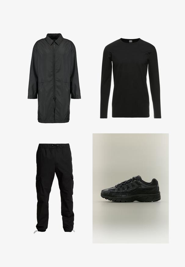 Sort vindjakke lavet af letvægtsmateriale med kravehals, fuld lynlås og to forlommer; afslappet pasform, knælang.; Urban Classics STRETCH TERRY - Langærmet T-shirt - black; Sorte cargobukser lavet af slidstærkt stof, med elastisk talje, justerbare snore og sidelommer med klaplukninger.; Sort Nike løbesko med mesh og syntetisk overdel, snørelukning og tekstureret sål, vist fra venstre side på en ensfarvet baggrund.