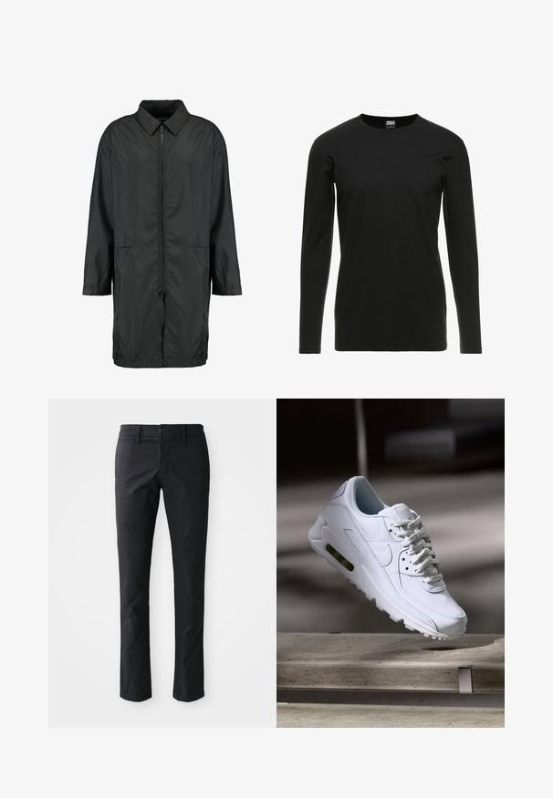 Veste coupe-vent noire en matériau léger avec un col, fermeture éclair intégrale, et deux poches avant; coupe ample, longueur jusqu'aux genoux.; Urban Classics STRETCH TERRY - T-shirt à manches longues - black; Pantalons droits noirs en tissu lisse avec une fermeture à un bouton et des passants de ceinture. Design minimaliste sans motifs visibles.; Baskets blanches en cuir avec des surfaces texturées, un col rembourré et un amorti d'air visible dans la semelle. Elles possèdent des lacets et un design minimaliste.