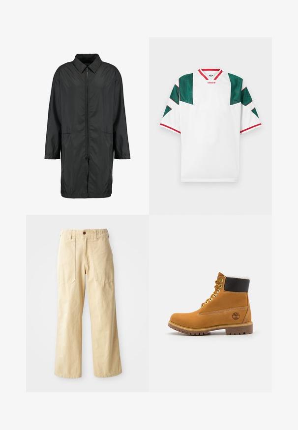 Schwarze Windjacke aus leichtem Material mit kragenfreiem Halsbereich, vollem Reißverschluss und zwei Fronttaschen; entspannte Passform, knielang.; Weißes Trikot mit grünen Mesh-Akzenten an den Schultern. Roter Besatz am Halsausschnitt und an den Ärmelsäumen. Enthält geometrische Designelemente. Adidas-Logo enthalten.; Beige Weitbein-Hosen aus Baumwolle. Sie haben eine hohe Taille, zwei vordere Taschen mit flachem Design und einen einzelnen Knopfverschluss.; Braune Leder-Ankle-Boots mit Metallösen, weißem Kunstfellfutter, schwarzem gepolstertem Kragen, robustem Sohlenprofil und geprägtem Logo an der Seite.