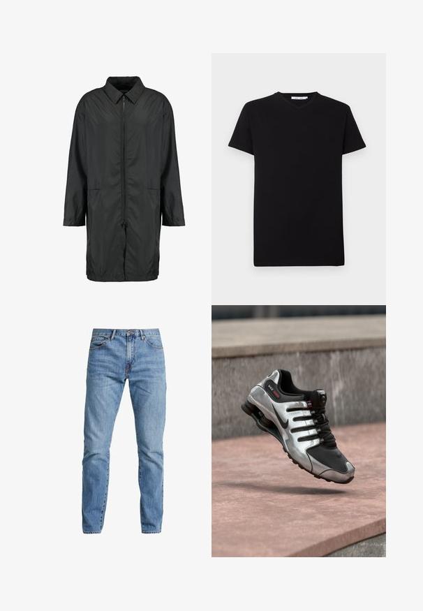 Sort vindjakke lavet af letvægtsmateriale med kravehals, fuld lynlås og to forlommer; afslappet pasform, knælang.; Sort bomulds T-shirt med korte ærmer og V-hals. Simpelt design, ensfarvet og blød tekstur. Ingen synlige mønstre eller detaljer.; Lys blå denimjeans med lige pasform, fem-lomme design og lukning med knap og lynlås. Har diskrete syninger og ingen slid.; Sølv- og sort Nike Shox sneaker, svævende i luften over en betonoverflade, der fremhæver dens fjedrende såldesign.