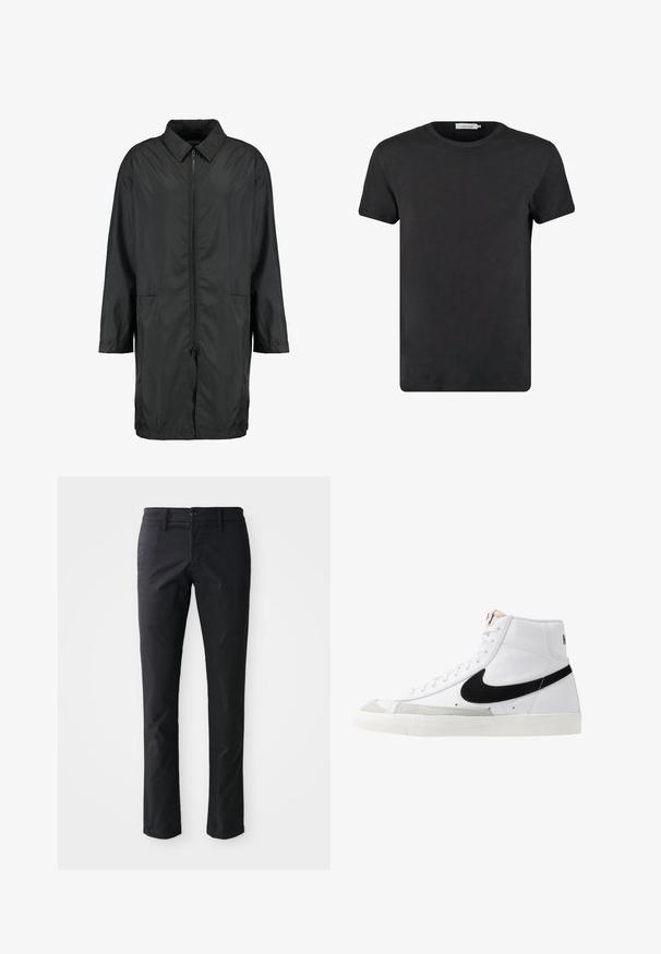 Schwarze Windjacke aus leichtem Material mit kragenfreiem Halsbereich, vollem Reißverschluss und zwei Fronttaschen; entspannte Passform, knielang.; Schwarzes Baumwoll-T-Shirt mit Rundhalsausschnitt und kurzen Ärmeln. Der Stoff hat eine glatte Textur und keine Muster oder Akzente. Normale Passform.; Schwarze gerade geschnittene Hose aus glattem Stoff mit einem einzelnen Knopfverschluss und Gürtelschlaufen. Minimalistisches Design ohne sichtbare Muster.; Weiße High-Top-Sneaker mit einem schwarzen Swoosh, strukturiertem grauen Zehenkappeneinsatz und flacher weißer Sohle. Verfügt über sechs Ösen und genähte Akzente.