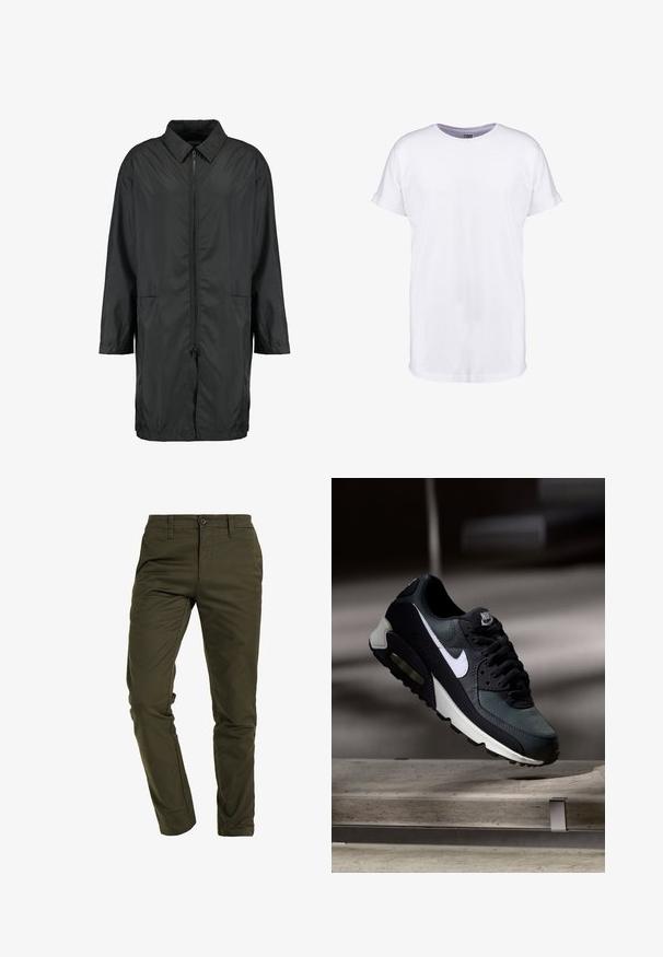 Schwarze Windjacke aus leichtem Material mit kragenfreiem Halsbereich, vollem Reißverschluss und zwei Fronttaschen; entspannte Passform, knielang.; Schlichtes weißes kurzärmeliges T-Shirt mit umgeschlagenen Ärmelbündchen und rundem Halsausschnitt, dargestellt auf weißem Hintergrund.; Olivgrüne Chinos aus strapazierfähigem Baumwoll-Mix, mit einer schmalen Passform, flachem Bund, standartmäßigen Taschen und einem sicheren Knopfverschluss.; Schwarzer und grauer Nike Air Max Sneaker mit weißem Swoosh, schwebend über einer Betonfläche vor einem verschwommenen dunklen Hintergrund.