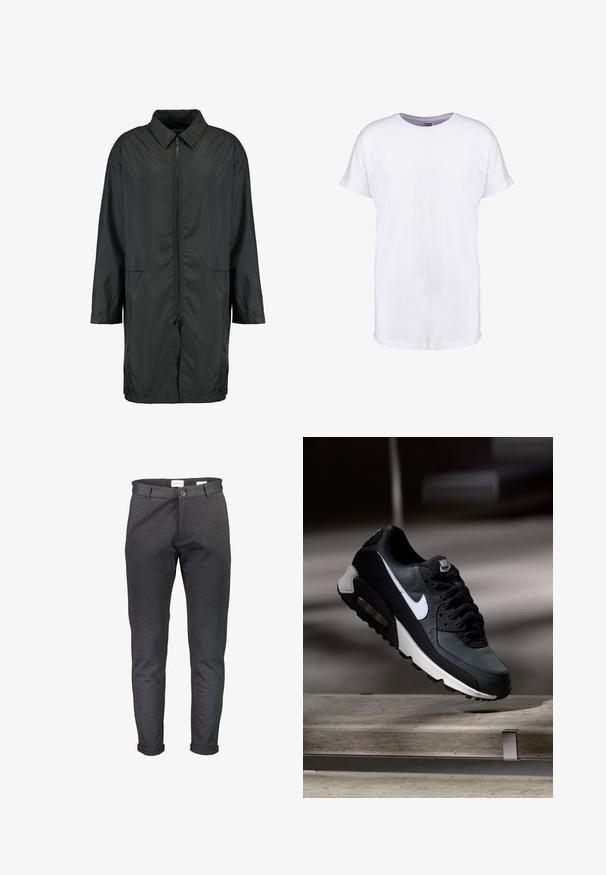 Sort vindjakke lavet af letvægtsmateriale med kravehals, fuld lynlås og to forlommer; afslappet pasform, knælang.; Neutral hvid kortærmet t-shirt med op rullede ærmekanter og rund halsudskæring, vist på en hvid baggrund.; Smaltsiddende, mørkegrå bukser lavet af blødt stof, med knaplukning, bæltestropper og op-rullede manchetter. Glat tekstur uden mønstre.; Sort og grå Nike Air Max sneaker med hvid swoosh, ophængt over en betongulv mod en sløret mørk baggrund.