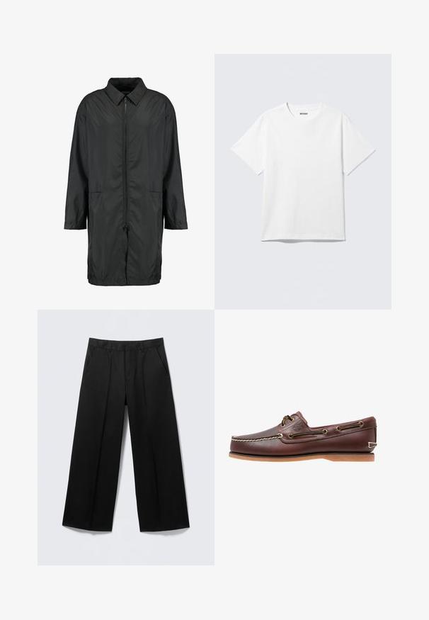 Sort vindjakke lavet af letvægtsmateriale med kravehals, fuld lynlås og to forlommer; afslappet pasform, knælang.; Hvid kortærmet crewneck T-shirt lagt fladt ud, ensfarvet design, med "WEEKDAY" mærkat inde i kraven på en lys baggrund.; Sorte vidde-bukser med bæltestropper, forlommer og lynlås foran, vist på en lysegrå baggrund.; Brun læder bådsko med hvide sømme, snøre detaljer og lysbrun gummisål, vist fra siden på hvid baggrund.