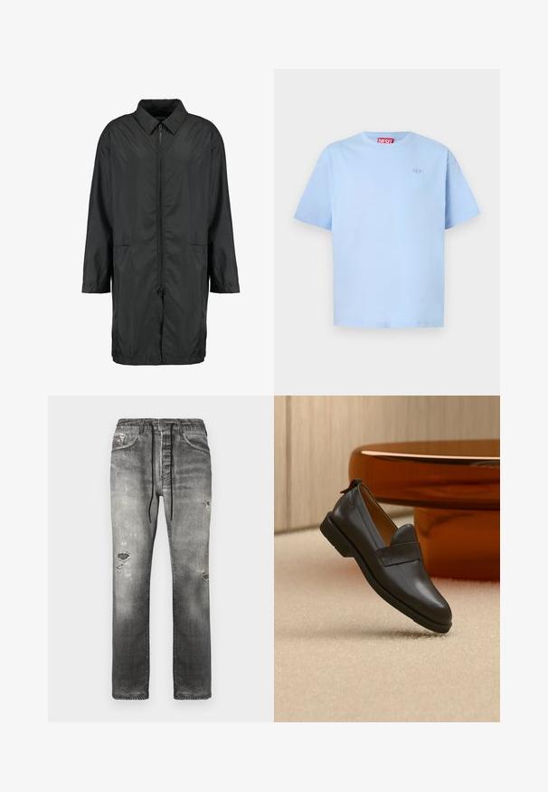 Schwarze Windjacke aus leichtem Material mit kragenfreiem Halsbereich, vollem Reißverschluss und zwei Fronttaschen; entspannte Passform, knielang.; Hellblaues T-Shirt mit kurzen Ärmeln und Rundhalsausschnitt, mit einem kleinen gestickten Logo auf der Brust und einem roten Markenetikett an der Innenseite des Halsausschnitts.; Graue Jeans aus Denim mit lockerem Schnitt, ausgewaschenen Bereichen, abgenutzten Details und einem Kordelzugbund für verstellbaren Tragekomfort.; Schwarzer Lederloafer mit niedrigem Absatz, der über einem beigen Teppich schwebt, neben einem glänzenden bernsteinfarbenen Tisch in einem minimalistischen Raum.