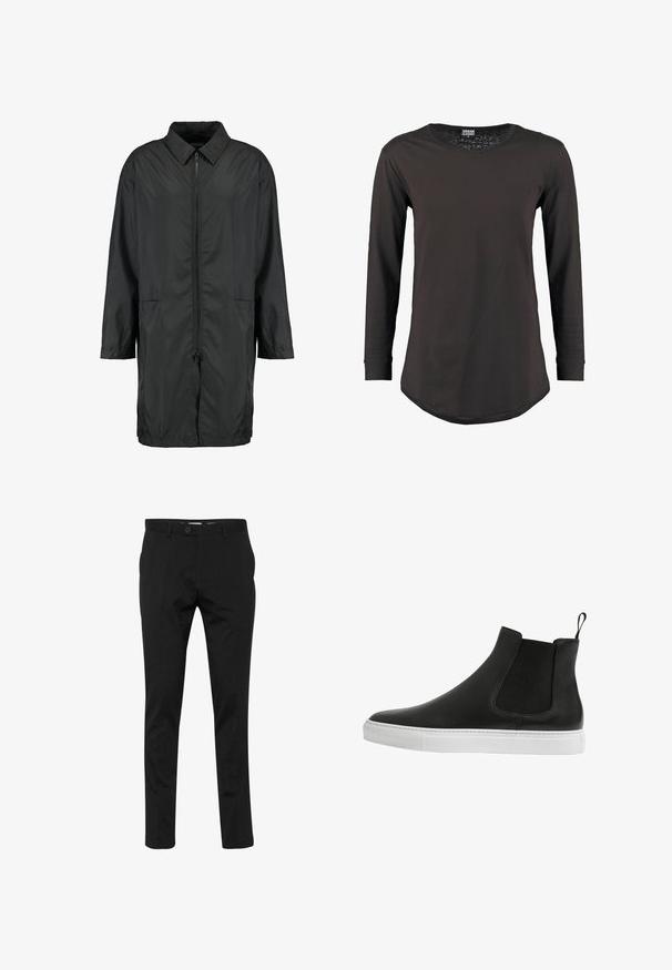 Sort vindjakke lavet af letvægtsmateriale med kravehals, fuld lynlås og to forlommer; afslappet pasform, knælang.; Langærmet crew neck top i mørkebrunt bomuld. Har en diagonal sømdetalje og en rund kant for en moderne silhuet.; Sorte skræddersyede bukser lavet af et glat, let vævet stof. Har knaplukning, slank pasform og rene linjer uden synlige mønstre.; Scarosso TOMMASO - Støvletter - blackcalf