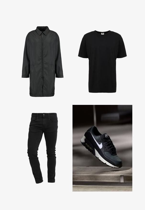 Veste coupe-vent noire en matériau léger avec un col, fermeture éclair intégrale, et deux poches avant; coupe ample, longueur jusqu'aux genoux.; T-shirt en coton noir à col rond avec des manches courtes, coupe standard, texture lisse, et sans motifs ni accents visibles.; Jean slim noir avec poches avant, passants de ceinture, fermeture à bouton et léger froissement le long des jambes.; Baskets Nike Air Max noires et grises avec un logo blanc, suspendues au-dessus d'une surface en béton sur un fond sombre flou.