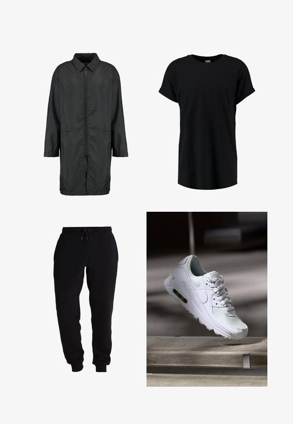 Schwarze Windjacke aus leichtem Material mit kragenfreiem Halsbereich, vollem Reißverschluss und zwei Fronttaschen; entspannte Passform, knielang.; Schwarzes T-Shirt mit kurzen Ärmeln im lässigen Schnitt. Aus weichem Stoff mit rundem Halsausschnitt und umgeschlagenen Ärmeln. Glatte Textur, ohne Muster.; Schwarze Sweatpants aus weichem Material, mit einem elastischen Bund und einem Kordelzug, schmal zulaufenden Beinöffnungen und seitlichen Taschen.; Weiße Nike Air Max 90 Sneaker mit einem Obermaterial aus Mesh und Leder, durchlässigem Zehenbereich und einer sichtbaren Air-Einheit in der Ferse.