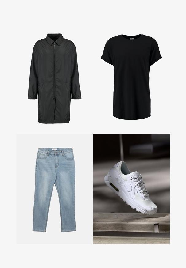 Schwarze Windjacke aus leichtem Material mit kragenfreiem Halsbereich, vollem Reißverschluss und zwei Fronttaschen; entspannte Passform, knielang.; Schwarzes T-Shirt mit kurzen Ärmeln im lässigen Schnitt. Aus weichem Stoff mit rundem Halsausschnitt und umgeschlagenen Ärmeln. Glatte Textur, ohne Muster.; Hellblaue Denim-Jeans mit Frontknopf und Reißverschluss, Gürtelschlaufen und fünf Taschen, flach auf weißem Hintergrund liegend.; Weiße Nike Air Max 90 Sneaker mit einem Obermaterial aus Mesh und Leder, durchlässigem Zehenbereich und einer sichtbaren Air-Einheit in der Ferse.