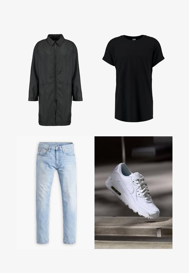 Sort vindjakke lavet af letvægtsmateriale med kravehals, fuld lynlås og to forlommer; afslappet pasform, knælang.; Sort kortærmet t-shirt i en afslappet pasform. Fremstillet af blødt stof med rund halsudskæring og oprullede ærmer. Glat tekstur, uden mønstre.; Lyseblå denim jeans med lige snit, fem lommer og orange syninger, med en knap- og lynlås lukning.; Hvide lædersneakers med teksturerede overflader, polstret krave og synlig luftpolstring i sålen. Har snørrebånd og et minimalistisk design.