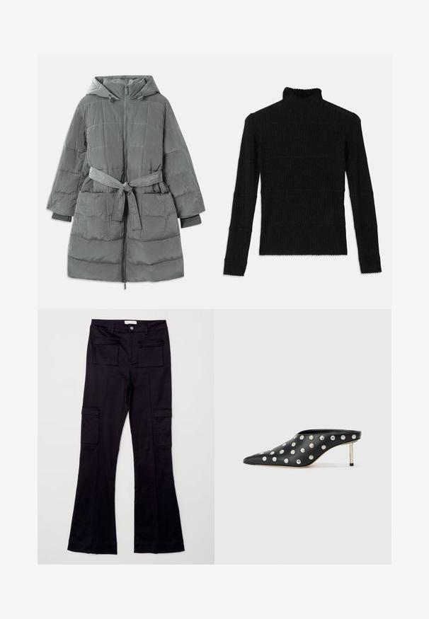 Grå, overdimensioneret pufferjakke med hætte, frontlynlås, bælte i taljen, to forlommer og struktureret, quiltet stof.; Sort ribbet turtleneck sweater med lange ærmer og en tekstureret overflade. Fremstår med vandrette striber og en bølget kant ved ærmerne.; Sorte flare cargo bukser med to forlommer og to sidelommer, fremstillet af et glat stof med en subtil glans.; STAND STUDIO KELSEY - Mules med hæl - black