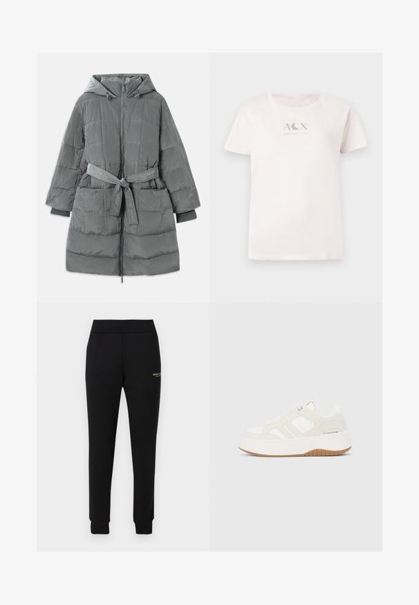 Grå, overdimensioneret pufferjakke med hætte, frontlynlås, bælte i taljen, to forlommer og struktureret, quiltet stof.; Lyserød bomulds t-shirt med korte ærmer og rund hals, som har et metallic sølvfarvet "ACX ARMANI EXCHANGE" logo på forsiden.; Sorte, tilspidsede sweatpants med elastisk talje og manchetter, med lille gyldent "Armani Exchange"-logo på højre lår.; Hvid og beige plateau-sneaker med snørelukning foran og gummisål, sideskilt og syninger på panelerne.