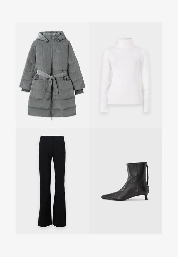 Abrigo puffer gris, de gran tamaño, con capucha, cremallera frontal, cintura ceñida con cinturón, dos bolsillos delanteros y tejido texturizado acolchado.; Suéter blanco de cuello vuelto, diseño ajustado, mangas largas, textura suave, tela lisa, detalles mínimos, puños y cuello acanalados.; Pantalones de campana negros en tejido elástico con una textura suave y una cintura ajustada. Sin cierres ni estampados visibles.; Botín de cuero negro con punta afilada, forma estructurada y tacón bajo. Cuenta con cremallera lateral y diseño minimalista.