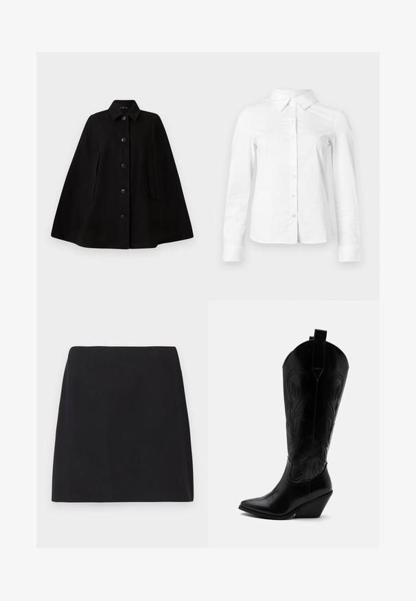 Zwarte wollen cape met een kraag, sluiting met knopen aan de voorkant, zijzakken en een gestructureerde silhouet. Glad textuur, zonder patronen of versieringen.; Witte blouse met lange mouwen en knopen, met puntige kraag, rechte zoom en aansluitende silhouet, weergegeven op een effen lichte achtergrond.; Zwarte mini rok, rechte snit, gladde stofstructuur, geen zichtbare patronen of versieringen, schone randen, geen metalen onderdelen. Eenvoudig ontwerp.; Zwarte leren cowboylaars met puntige neus, schuine blokhak, decoratieve stiksels en aantreklusjes bovenaan tegen een witte achtergrond.