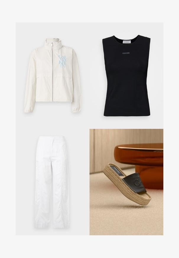 Veste légère de couleur crème en tissu lisse avec un col montant, fermeture éclair sur le devant et un logo bleu sur la poitrine gauche.; Top sans manches noir en tissu lisse. Doté d'un col rond et d'un petit logo Calvin Klein au centre. Design simple et ajusté.; Pantalons larges blancs en tissu léger, présentant une texture lisse, des lignes épurées et une taille haute.; Sandale à plateforme beige avec semelle tressée et tige en cuir noir embossée du logo "CK", placée près d'une table circulaire marron.