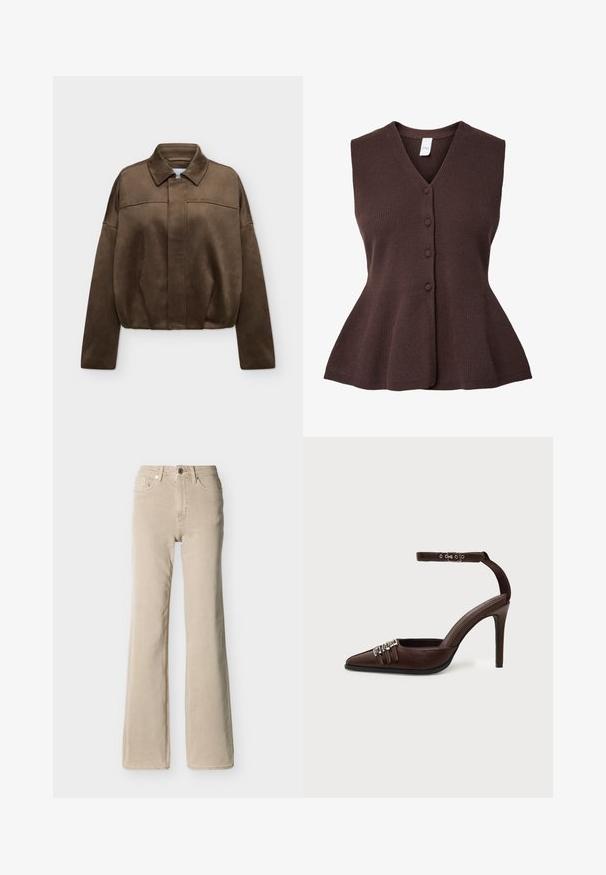 Veste zippée en daim marron avec col et manches longues, présentée sur un fond clair uni.; Gilet en tricot marron sans manches avec col en V et quatre boutons sur le devant, s'évasant légèrement à la taille.; Jean beige taille haute avec bouton et fermeture éclair à l'avant, cinq poches, et une jambe légèrement évasée sur un fond uni.; Chaussure à talon haut en cuir marron avec bout pointu, trois petites boucles argentées sur le devant et bride de cheville réglable avec boucle.