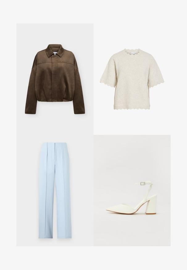 Veste zippée en daim marron avec col et manches longues, présentée sur un fond clair uni.; Haut tricoté beige à manches courtes avec bords festonnés aux manches, à l'ourlet et à l'encolure, fabriqué par la marque VILA.; Pantalon large taille haute bleu clair avec plis devant et fermeture à glissière cachée sur un fond uni.; Sandale blanche à talon avec un bout pointu, sangle de cheville réglable et un talon carré épais. Texture lisse avec des détails de couture minimaux.