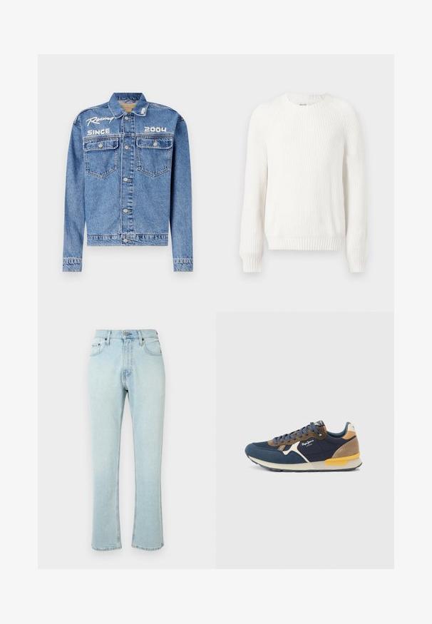 Denim müts, helesinine, klassikaline lõige, nupuga sulgemine. Omab kahte rinna taskut, valge tikandiga tekst "Võidusõit alates 2004".; Valge ribadega sviiter ümmarguse kaelusega, langenud õlgade ja pikkade varrukatega. Omab tekstuuriga kangast ja sirget äärt.; Hele sinine denim teksapüksid sirge lõikega, kõrge vöökoht ja kerge kulumine. Narmendav sääreosa, viis vöölõksu ja traditsiooniline riistvara.; Tumesinised tossud, millel on võrk- ja seemisnahast pealmine osa, pruunid nahast detailid, valge vahe-õhkkond ning kollane kontsakaunistus. Tekstuuriga paelad ja bränding on nähtavad.