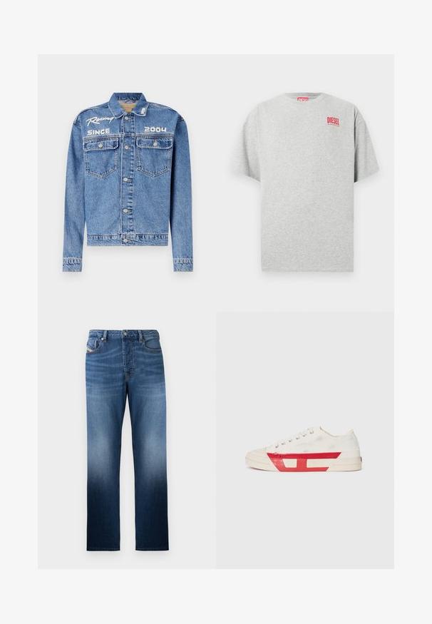 Denim müts, helesinine, klassikaline lõige, nupuga sulgemine. Omab kahte rinna taskut, valge tikandiga tekst "Võidusõit alates 2004".; Hall hall puuvillane T-särk ümmarguse kaelusega ja lühikeste varrukatega. Esiosas väike punane "DIESEL" logo. Sile tekstuur.; Tumedatest sinisest denimist sirge säärega teksad, millel on pleekinud pesuefekt. Sisaldavad esimest nööpi ja taskuid.; Kanva ketsid valge ülemise osaga, punaste kummist aktsentidega ja tekstureeritud disainiga. Omab ümmargust varbaosa ja viit silmust paelte jaoks.