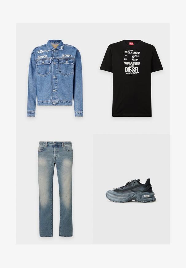 Denim müts, helesinine, klassikaline lõige, nupuga sulgemine. Omab kahte rinna taskut, valge tikandiga tekst "Võidusõit alates 2004".; Must puuvillane T-särk, millel on julged valged tekstigraafikad, sealhulgas "DIESEL" ja "INDUSTRY", ümarnsärgikaeluse ja lühikeste varrukatega.; Hele sinised sirgele lõikele teksapüksid, kustutatud aladega, viie taskuga ja nööpkinnitusega. Kangal on kerge kulumise ja kulumisjälgede efekt.; Mustade ja hallid Diesel ketsid paksu tallaga, nööriga lukuga ja tekstuurse mustriga, tavalise heleda halli tausta ees.