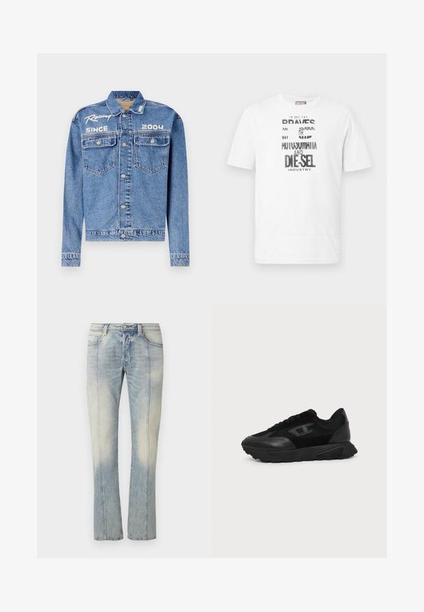 Denim müts, helesinine, klassikaline lõige, nupuga sulgemine. Omab kahte rinna taskut, valge tikandiga tekst "Võidusõit alates 2004".; Valge lühikeste varrukatega Diesel T-särk, millel on ees must-valge graafiline tekst ja logo, ümar kaelus ning punane logo silt küljeõmblusel.; Heledad sinist tagi õmblustega helesinised teksapüksid, sirge säärega, esiliste taskute ja tuhmjalt kulunud viimistlusega. Ilma nähtava kaubamärgita.; Must madal jalanõu tekstuurse tallaga, võrgust ja nahast pealmise osaga, ees nöörimine ning külgpaneelil väike reljeefne logo.