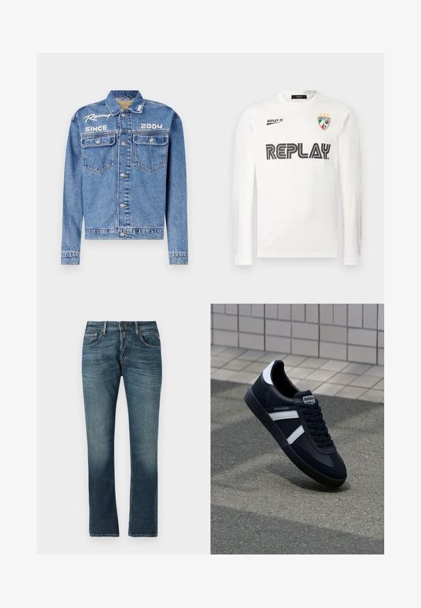 Denim müts, helesinine, klassikaline lõige, nupuga sulgemine. Omab kahte rinna taskut, valge tikandiga tekst "Võidusõit alates 2004".; Valge pika varrukaga särk musta "REPLAY" tekstiga rinna peal, väike "REPLAY FC" tekst ülemises vasakus nurgas ja kolmes värvis vapp kolmes tähega ülemises paremas nurgas.; Sinised teksased sirge lõikega, pleekinud viimistlusega, viie tasku disainiga ja kontrastsete õmblustega. Nööbi ja tõmblukuga sulgus.; Must have musta sneaker musta valgete triipudega, tekstuurne kummitald ja nööridega esiosa. Omab bränditud märki keele peal.