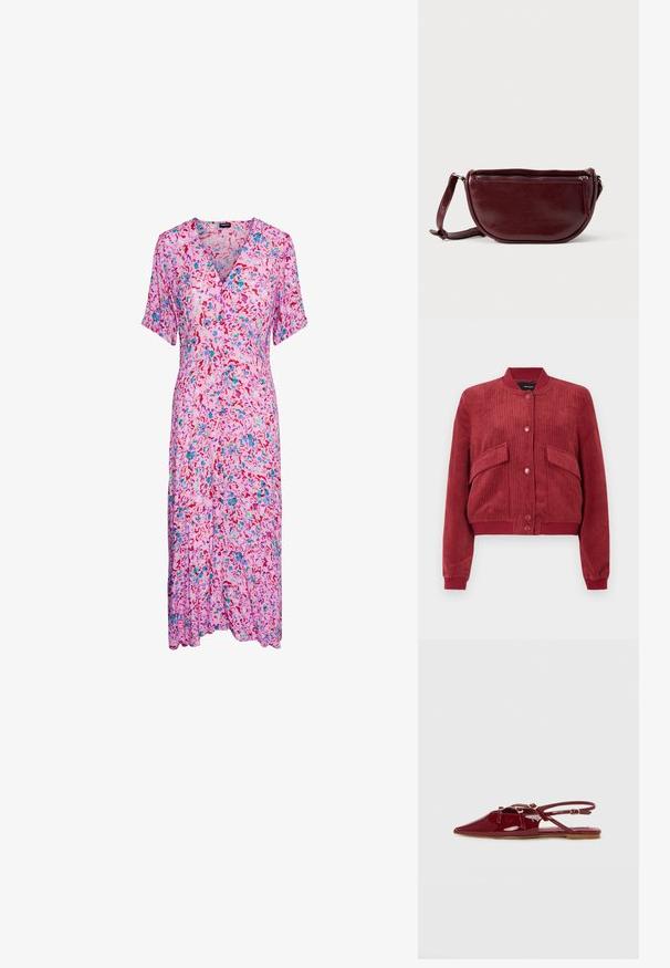 Chaqueta bomber de pana roja con botones de presión en el frente, dos bolsillos con solapa angulados, y cuello, puños y dobladillo de canalé.; Vestido midi floral en rosa claro, con escote en V, mangas cortas y patrones abstractos coloridos en rojo, azul y verde. Tela suave y fluida.; Zapato de charol rojo con tiras al tobillo y punta afilada, con finas correas y acentos de hardware dorado. Suela plana con un acabado liso.; Bolso de mano de cuero granate con forma de media luna, cierre de cremallera y una correa desmontable. Textura suave con un brillo sutil.