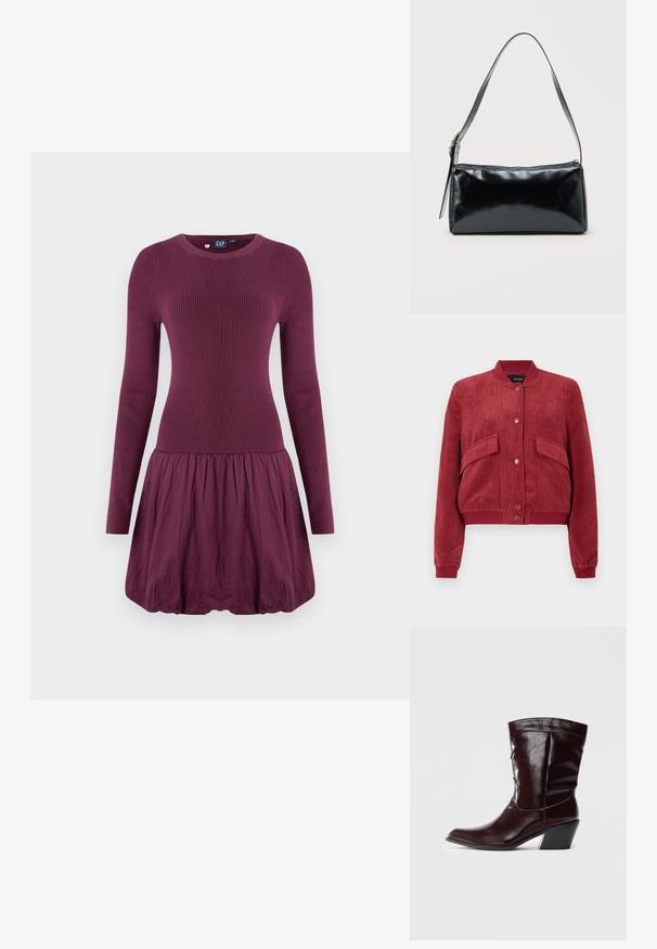 Chaqueta bomber de pana roja con botones de presión en el frente, dos bolsillos con solapa angulados, y cuello, puños y dobladillo de canalé.; Vestido morado con cuerpo acanalado, mangas largas y falda fruncida. La tela parece suave y de textura ligera.; Botines de cuero burdeos con punta afilada, superficie texturizada y tacón bajo cónico. Presentan costuras sutiles y un ajuste ceñido.; Bolso de hombro rectangular negro con una correa ajustable y un cierre de cremallera superior sobre un fondo liso.