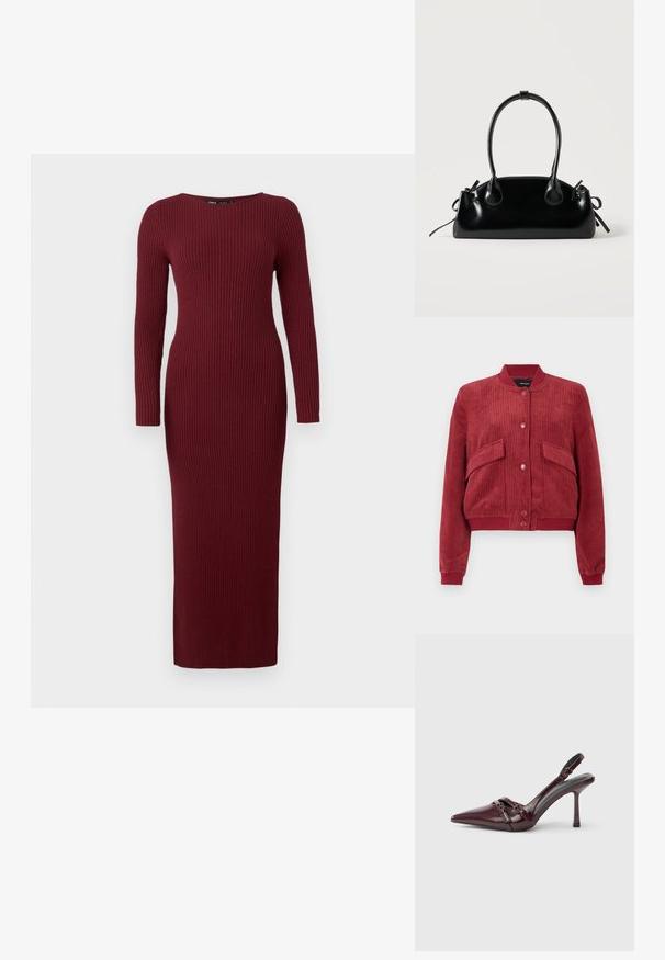Chaqueta bomber de pana roja con botones de presión en el frente, dos bolsillos con solapa angulados, y cuello, puños y dobladillo de canalé.; Vestido maxi de punto acanalado burdeos con mangas largas y escote barco, que presenta una silueta ajustada y una textura sutil en toda la prenda.; Zapato de tacón slingback de charol burdeos con puntera puntiaguda, fina correa en el tobillo y pequeño detalle decorativo de hebilla. Textura suave y tacón alto.; Pequeño bolso negro brillante con dos asas largas y detalles de cordón lateral sobre un fondo claro liso.