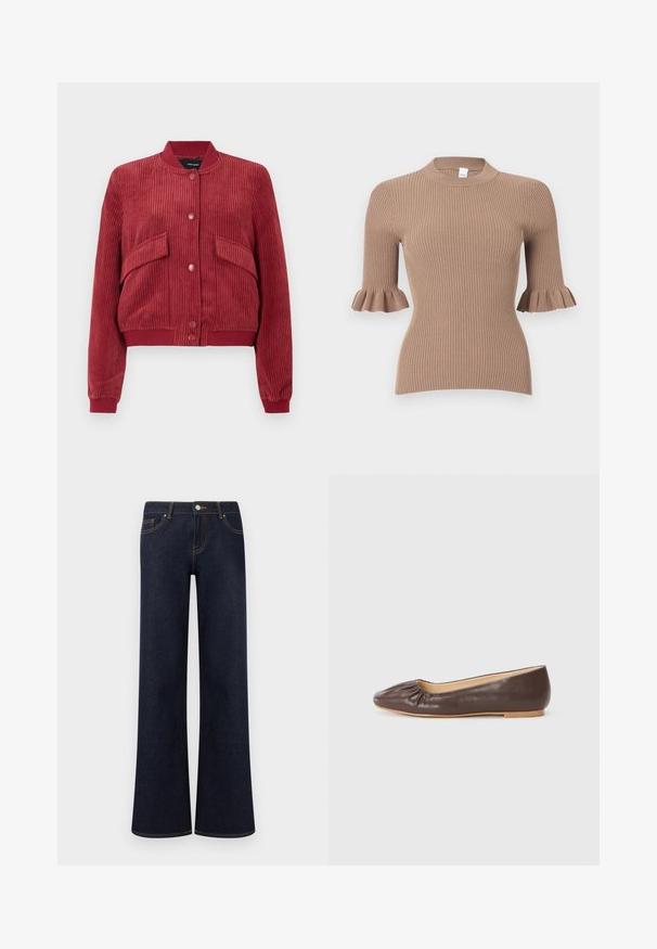 Rode corduroy bomberjack met voorste drukknoopsluiting, twee schuine klepzakken, ribgebreide kraag, manchetten en zoom.; Beige geribd gebreide top met korte mouwen die eindigen in gerimpelde manchetten en een ronde halslijn.; Donkerblauwe denim jeans met wijde pijpen, voorzakken, knoop- en ritssluiting, en zichtbare contrasterende stiksels.; Bruine leren ballerina met een ronde neus, geplooide details aan de voorkant en een platte, lichte zool.