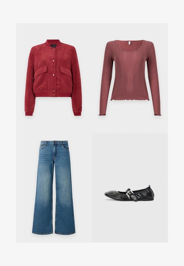 Chaqueta bomber de pana roja con botones de presión en el frente, dos bolsillos con solapa angulados, y cuello, puños y dobladillo de canalé.; Top de manga larga en color rosa polvoriento, textura acanalada, escote redondo, dobladillo y puños con borde ondulado, confeccionado con material de punto suave.; Jeans de mezclilla azules de pierna ancha con un acabado desgastado, diseño de cinco bolsillos y cinturilla estándar con botón de metal y cierre de cremallera.; Zapato plano de piel negra con puntera afilada, detalle fruncido alrededor de la abertura y un acento de hebilla plateada en la correa ajustable.