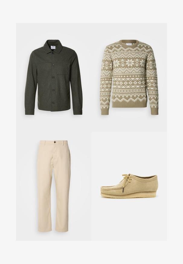 Lindbergh Letná bunda - dark khaki melange; Pletený sveter v pieskovej béžovej farbe s bielymi geometrickými a kvetinovými vzormi. Má okrúhly výstrih a rebrované manžety a spodný okraj.; Béžové bavlnené nohavice s rovnými nohavicami, predným zapínaním na gombík, bočnými vreckami a hladkou textúrou. Minimalistický dizajn, žiadne viditeľné vzory.; Bežové semišové topánky s dizajnom na šnurovanie, prešívaním a gumovou podrážkou. Tvar je neformálny s mierne vyvýšeným opätkom.