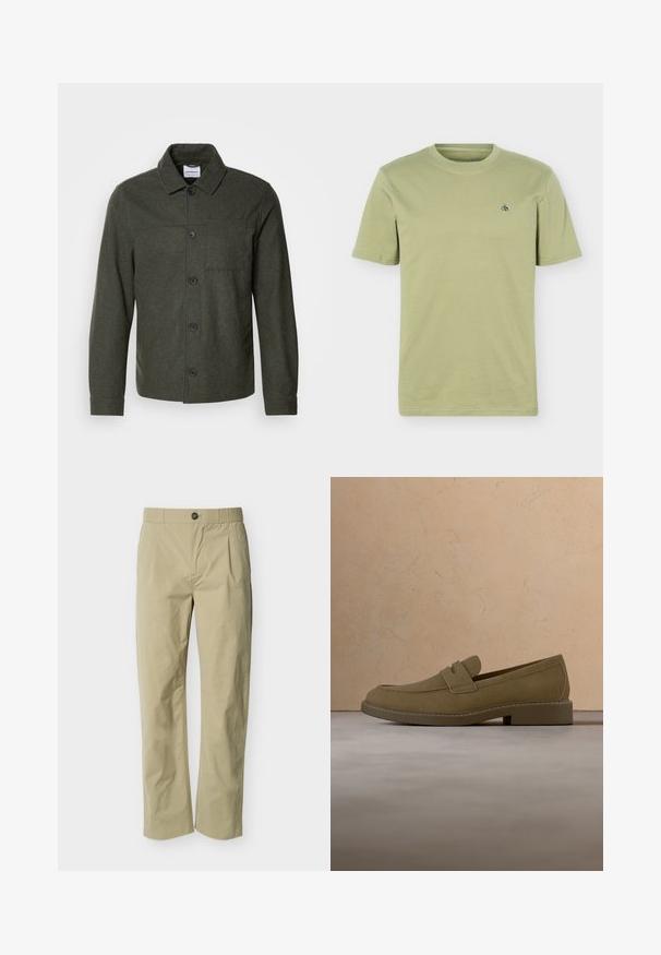 Lindbergh Letná bunda - dark khaki melange; Svetlo olivovo zelené tričko s krátkym rukávom a okrúhlym výstrihom s malým tmavým logom na ľavej strane hrude, zobrazené na jednofarebnom pozadí.; Béžové nohavice s rovnými nohavicami, zapínaním na gombíky, pútkami na opasok a prednými záhybmi na jednoduchom svetlom pozadí.; Hnedá semišová mokasína vznášajúca sa nad textúrovaným béžovým kobercom v obývacej izbe s dreveným konferenčným stolíkom a naskladanými knihami.