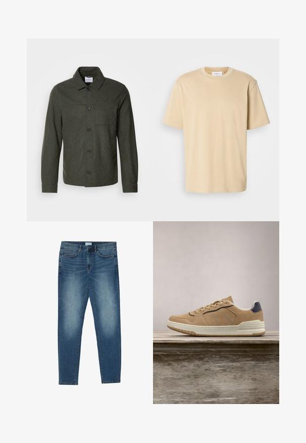 Lindbergh Letná bunda - dark khaki melange; Béžové tričko s krátkym rukávom, vyrobené z mäkkej látky. Má okrúhly výstrih a voľný strih bez viditeľných vzorov alebo akcentov.; Džínsy v stredne modrej farbe s vyblednutým vzhľadom, dizajn s piatimi vreckami, rovný strih nohavíc a prešité akcenty. Zapínanie na gombík a zips.; Béžové semišové tenisky s bielou gumovou podrážkou, s béžovými šnúrkami, námorníckymi modrými akcentmi a perforovaným detailom na špičke.