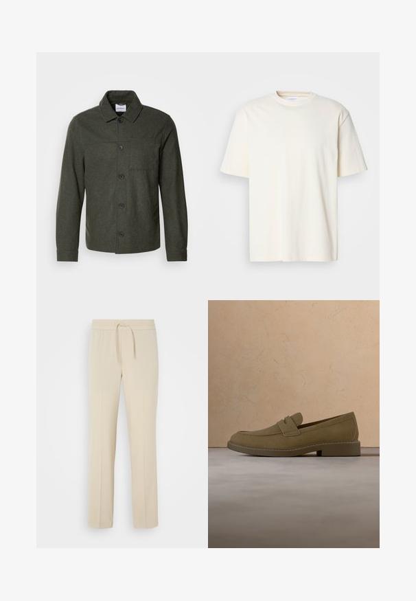 Lindbergh Letná bunda - dark khaki melange; Jednoduché krémové tričko s krátkym rukávom a okrúhlym výstrihom, unisex dizajn, vystavené na neutrálnej šedej pozadí.; Béžové nohavice s elastickým pásom a šnúrkou na stiahnutie. Majú rovné nohy a hladkú textúru, ideálne na voľný čas alebo oddych.; Hnedá semišová mokasína vznášajúca sa nad textúrovaným béžovým kobercom v obývacej izbe s dreveným konferenčným stolíkom a naskladanými knihami.