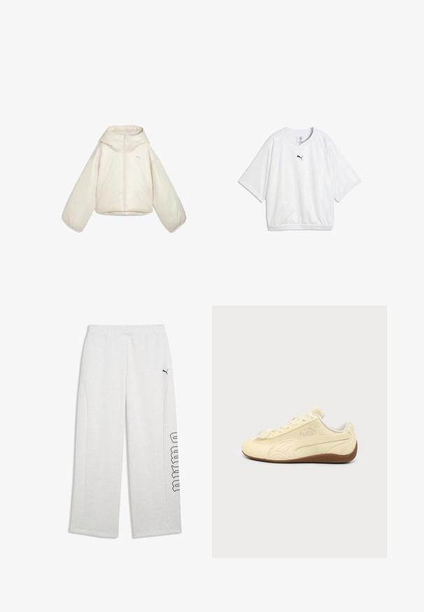 Pufferjack in roomkleur met een capuchon, voorzien van een ritssluiting aan de voorkant en twee zijzakken. Soepele textuur en een relaxed fit, met een logo op de borst.; Wit sportshirt met korte mouwen, ronde hals en zwart Puma-logo gecentreerd onder de halslijn.; Lichtgrijze joggingbroek met elastische tailleband, zijzakken, zwart Puma-logo op de linker bovenbeen en zwart omlijnde tekst op het rechterbeen.; Crèmekleurige Puma sneaker met bruine zool, klassieke zijstreep en vetersluiting, getoond vanaf de buitenkant op een effen achtergrond.