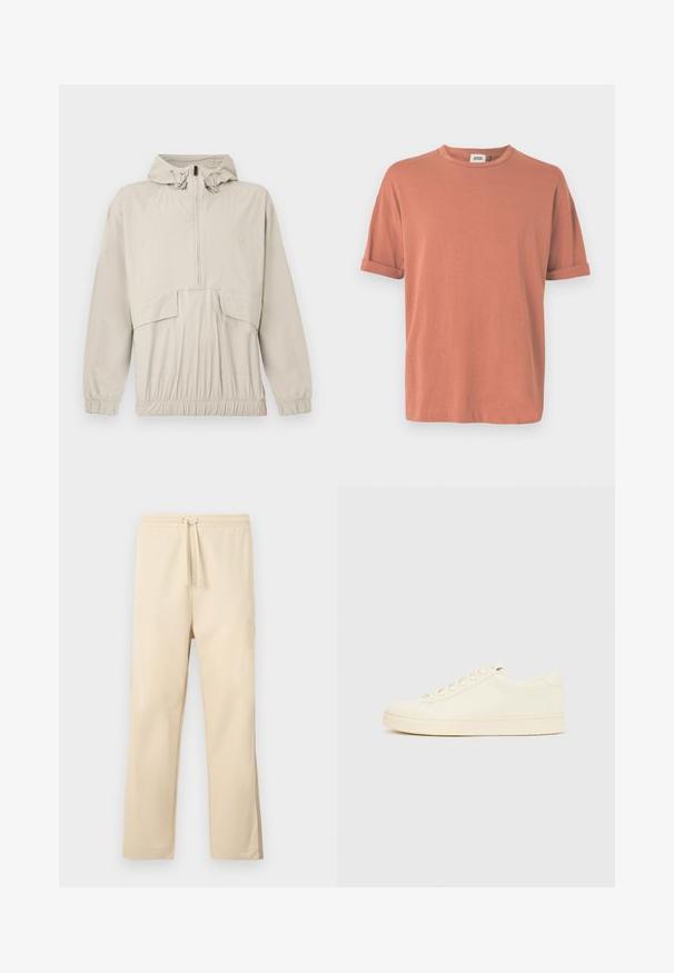 Veste à enfiler beige clair avec capuche, fermeture éclair sur le devant jusqu'à mi-hauteur, poignets élastiques et ceinture ajustable à la taille. Dotée d'une poche frontale et d'une texture lisse.; T-shirt à manches courtes de couleur rose poussière, en tissu doux, avec un col rond et des manches retroussées, offrant une coupe décontractée.; Pantalon de survêtement beige en tissu doux, doté d'une taille élastique avec cordon de serrage, jambes droites et détail de poche latérale.; Baskets couleur crème avec une tige en cuir lisse, bout arrondi, laçage à l'avant et semelle en caoutchouc texturée. Design minimaliste, sans logo.