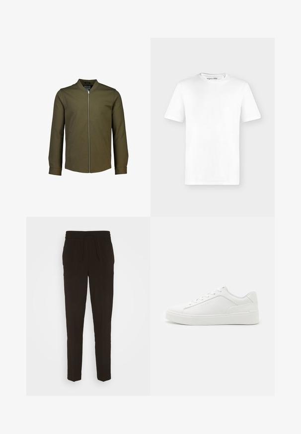 Lindbergh SUPERFLEX OVERSHIRT - Chaquetas bomber - true army; Camiseta blanca lisa de manga corta con cuello redondo, mostrada de frente sobre un fondo gris claro, sin logotipos visibles.; Pantalones negros, largos y ajustados, hechos de un material suave y liso. Cuenta con una cinturilla elástica con cordón para un ajuste ajustable.; Zapatillas blancas de corte bajo, hechas de cuero liso, con puntera redonda, suelas planas y un discreto logo en el lateral.